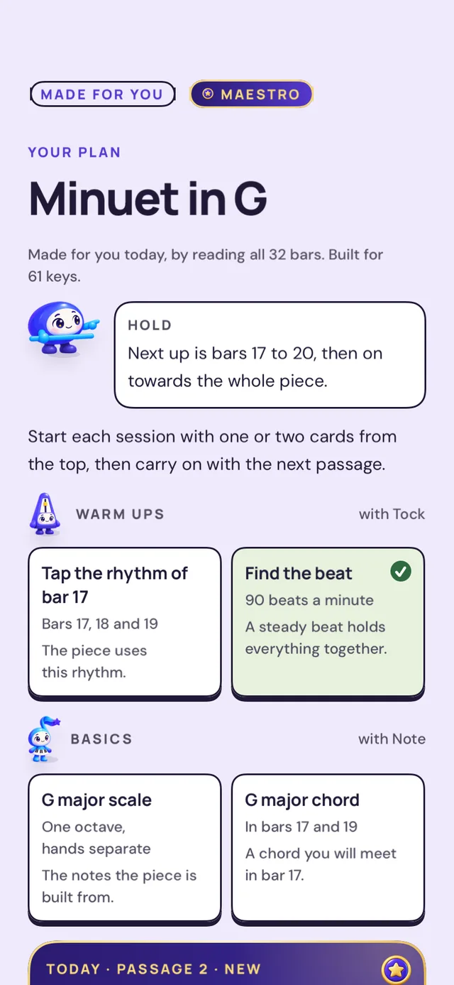 A practice plan for Minuet in G: Hold says what is next, warm ups with Tock such as Tap the rhythm of bar 17, and basics with Note such as the G major scale and chord